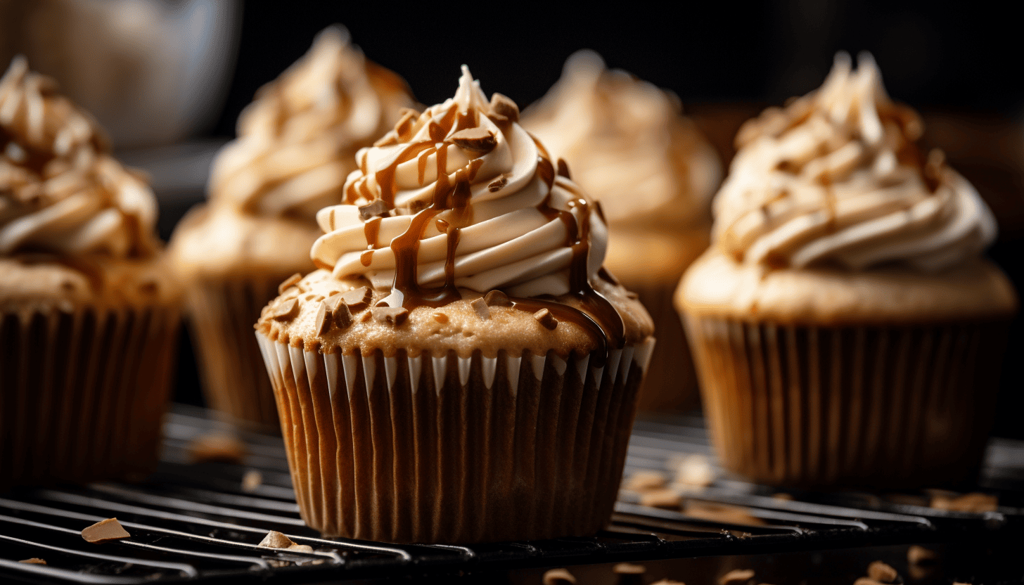 Close-up of deliciously decadent Baileys &amp; Coffee Cupcakes, freshly baked and resting on a cooling rack, showing the moist crumb and the beautiful dome top characteristic of a well-baked cupcake, intricately crafted, 8k quality, shot with Leica M6 TTL, Leica 75mm 2.0 Summicron-M ASPH, Cinestill 800T