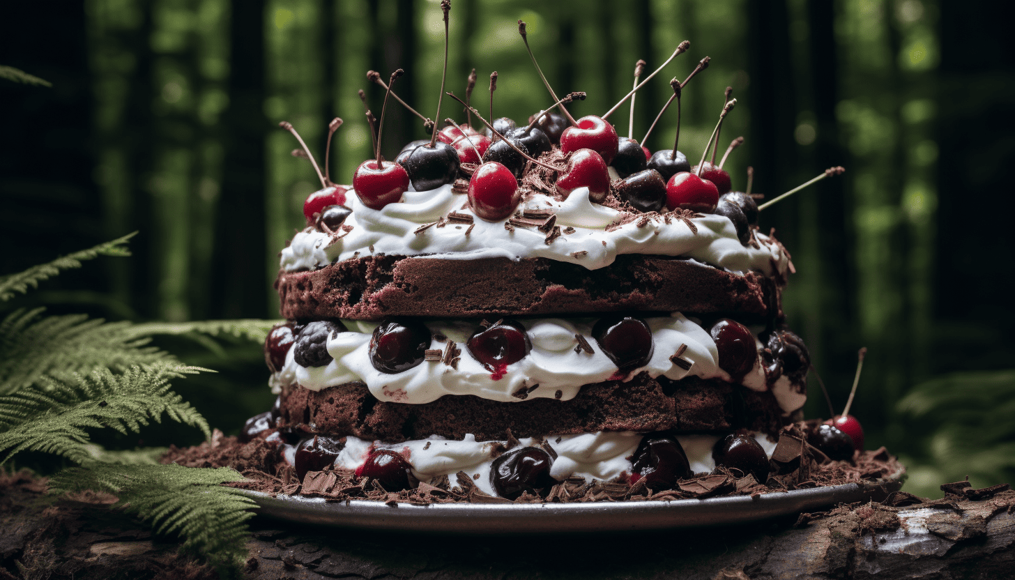 An intricately crafted Black Forest Cake, showcasing its multiple layers replete with whipped cream and cherries, 8k quality, shot with Leica M6 TTL, Leica 75mm 2.0 Summicron-M ASPH, Cinestill 800T