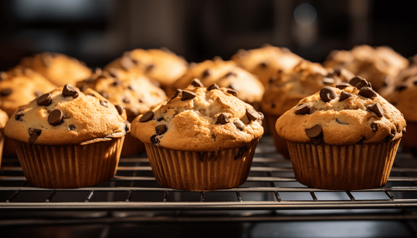 A batch of freshly baked chocolate chip muffins on a cooling rack, intricately crafted, 8k quality, shot with Leica M6 TTL, Leica 75mm 2.0 Summicron-M ASPH, Cinestill 800T