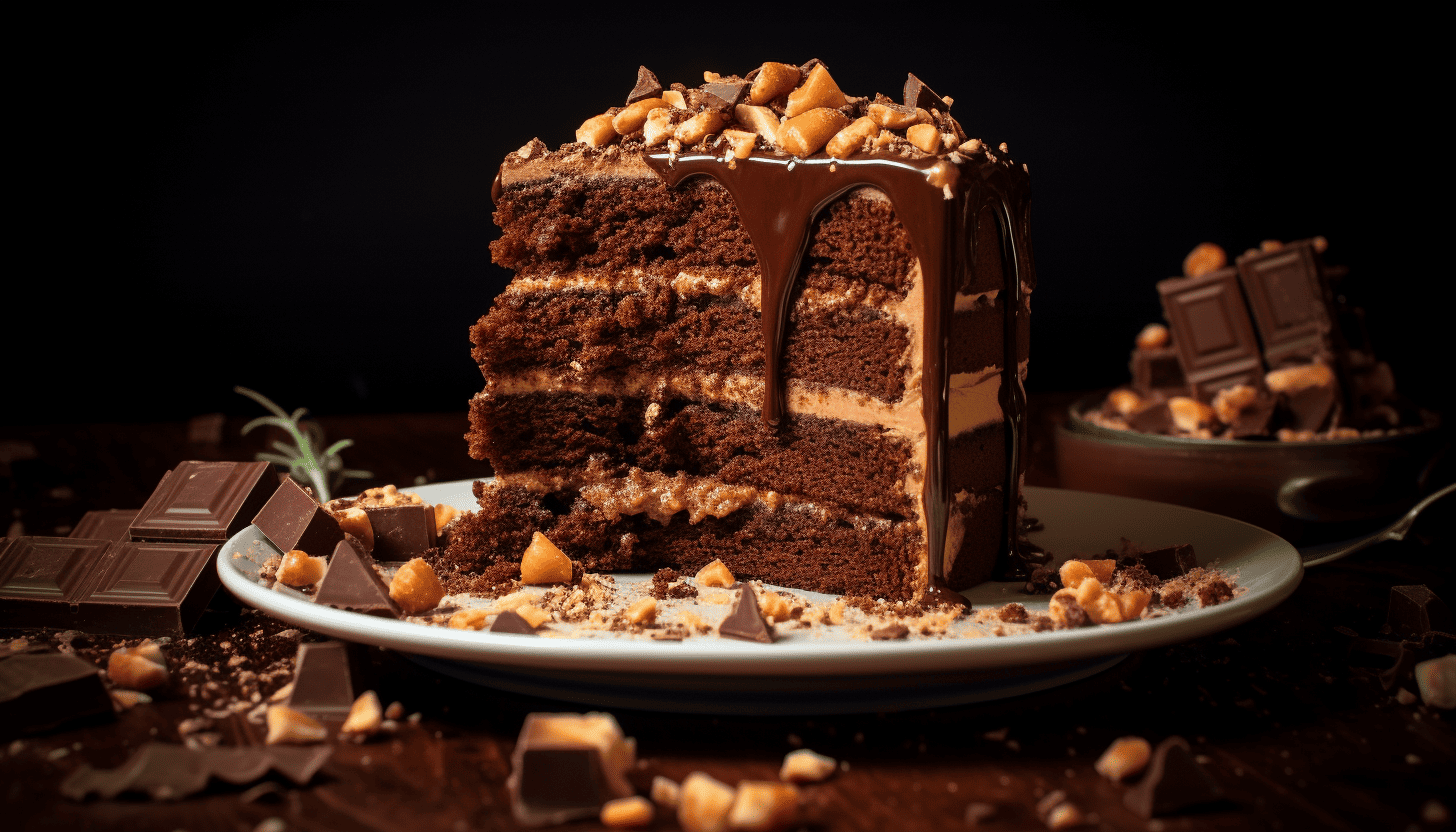 High resolution image of the Crunchy Milk Chocolate-Peanut Butter Layer Cake, showing the rich texture of the cake and the glossy chocolate layer on top, elaborately taken with Leica M6 TTL, Leica 75mm 2.0 Summicron-M ASPH, Cinestill 800T.