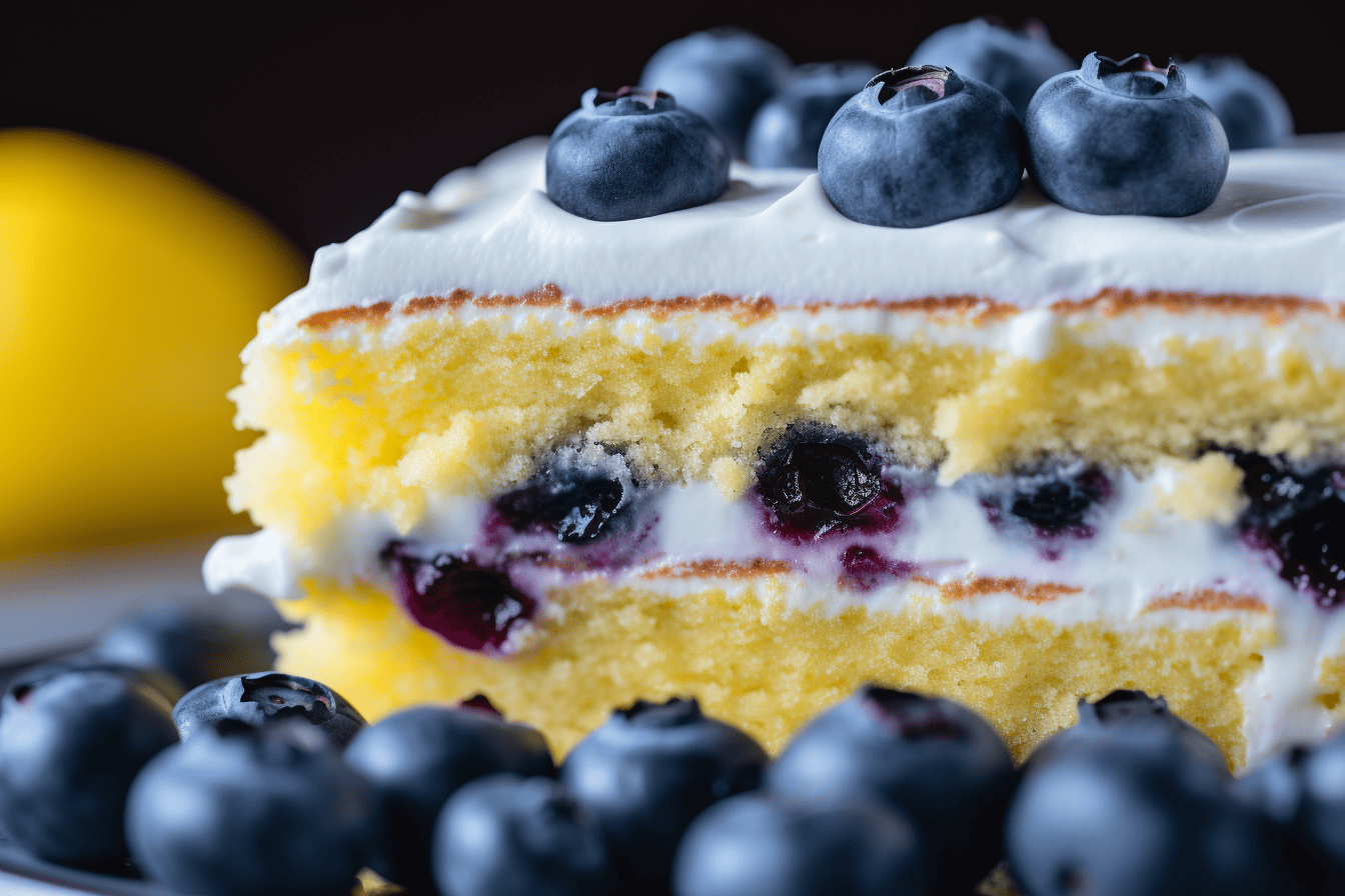 Detail shot of blueberry cake with lemon frosting, displaying the texture of the cake and the glossy sheen of the lemon frosting, 8k quality, shot with Leica M6 TTL, Leica 75mm 2.0 Summicron-M ASPH, Cinestill 800T