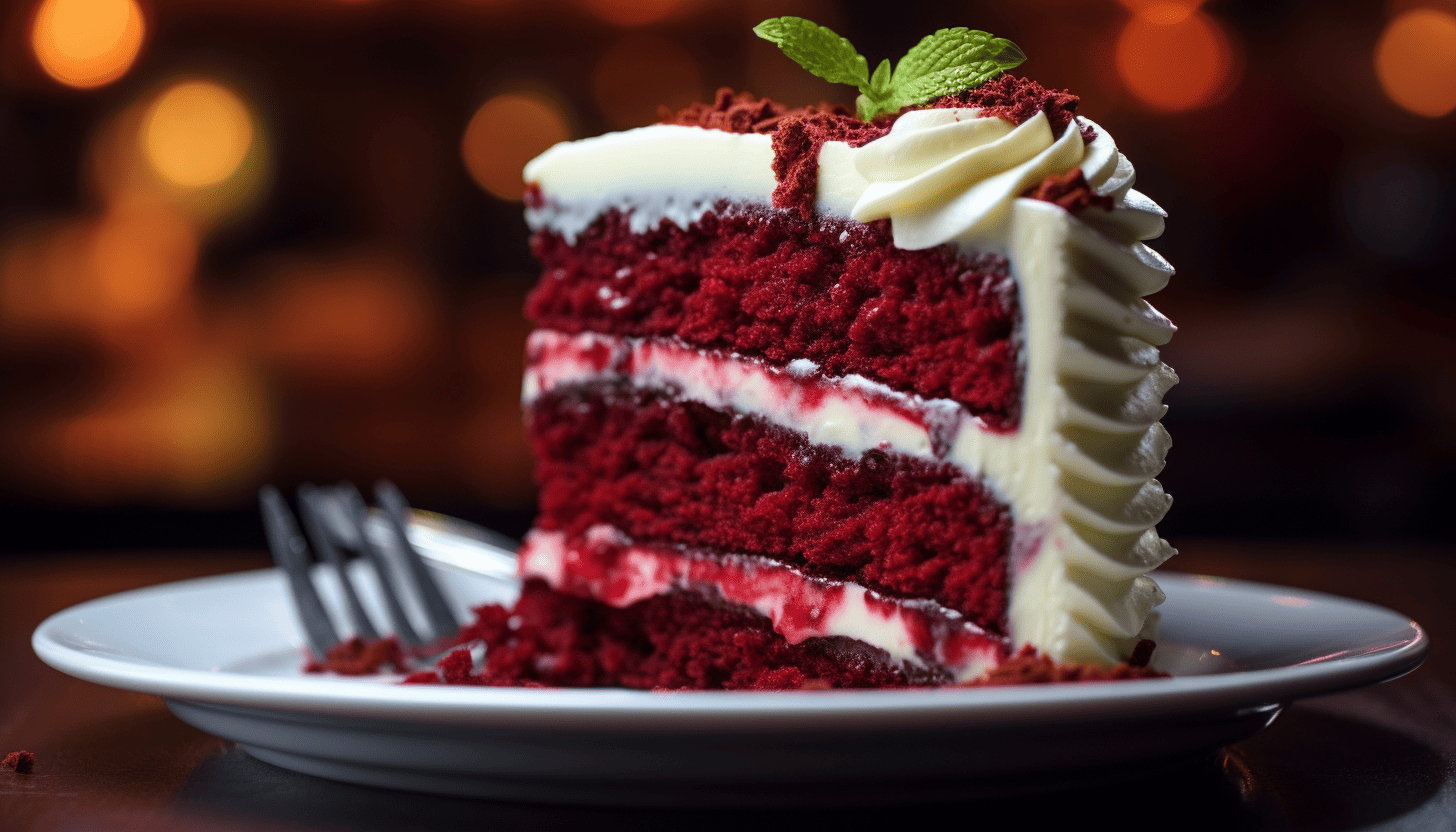 A tantalizing piece of red velvet cake, intricately crafted, 8k quality, shot with Leica M6 TTL, Leica 75mm 2.0 Summicron-M ASPH, Cinestill 800T