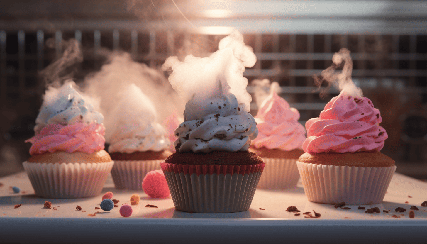 Neapolitan Ice Cream Cupcakes with all the required ingredients for the recipe, rendered in 8K, adding an element of fog for a moody vibe, shot with GoPro.