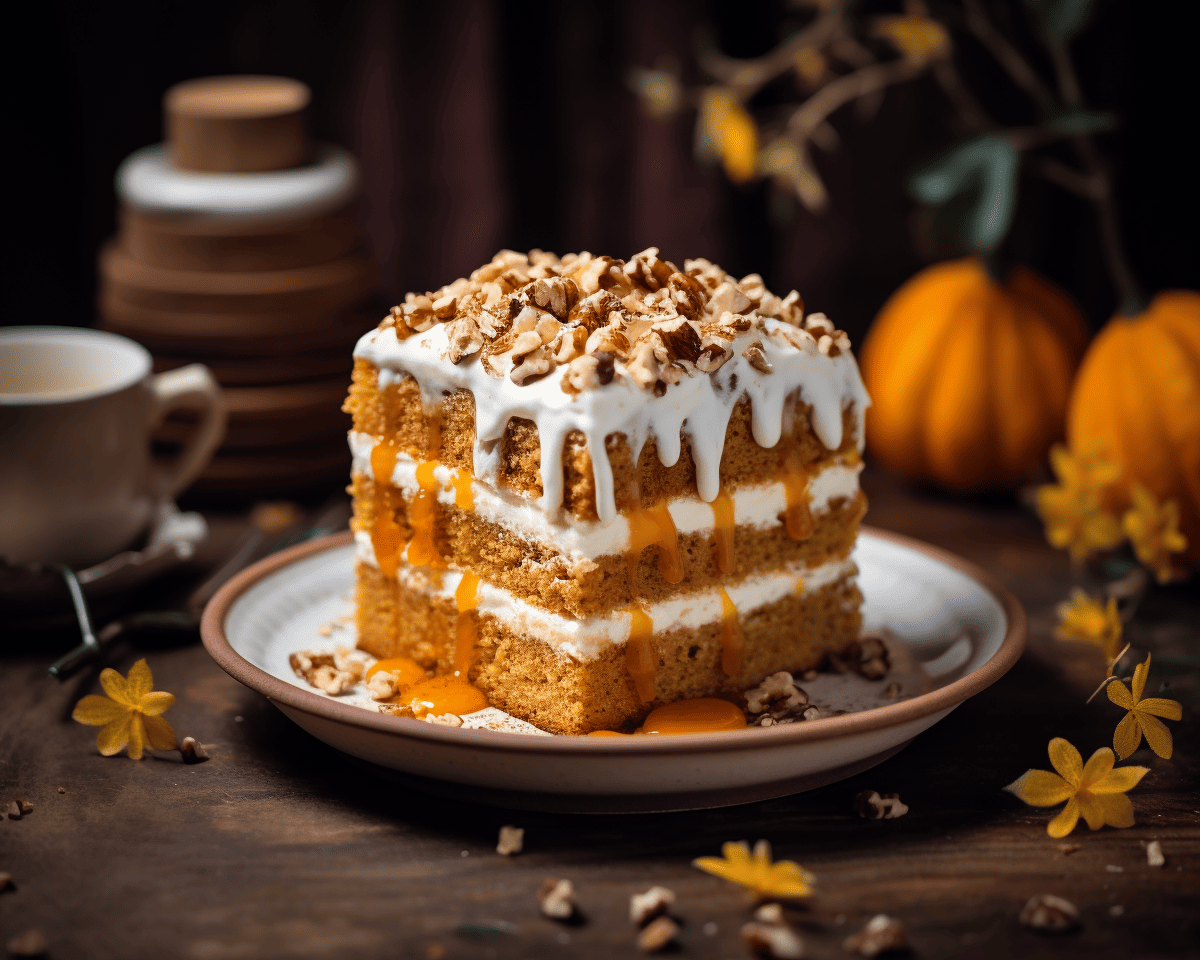 Pumpkin Cake with White Chocolate Mousse, assembled and ready to serve, delicately layered, shot in 8K quality with Leica M6 TTL for a rich baking aesthetics