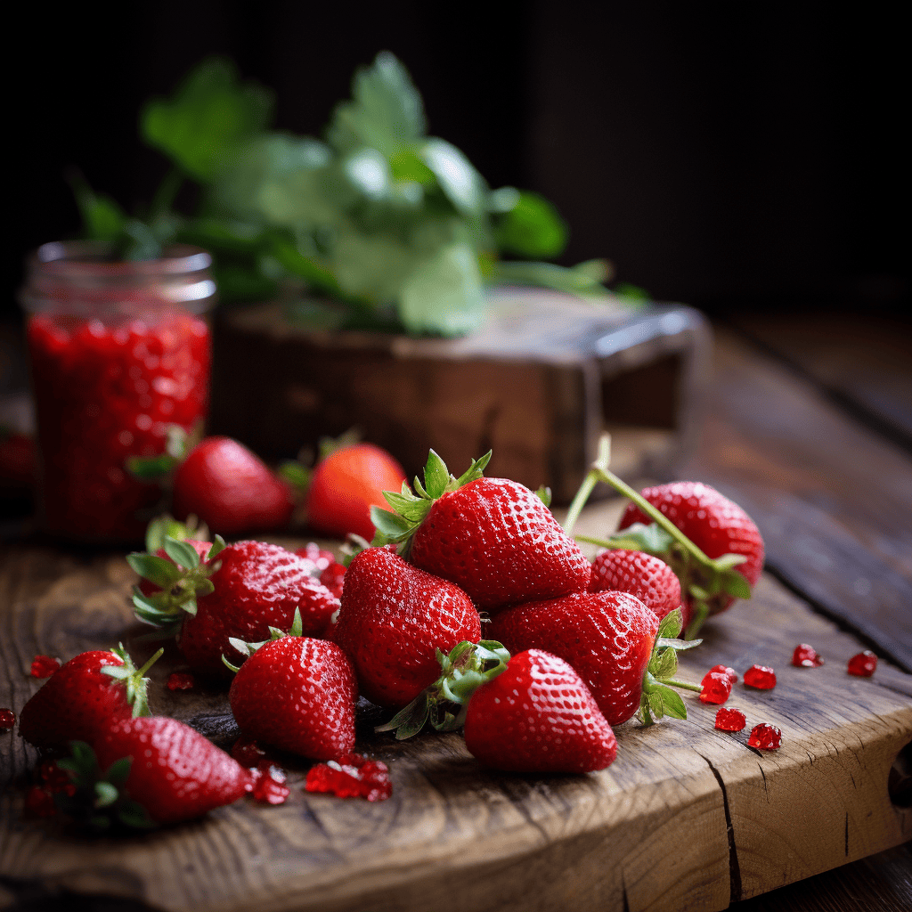 Luscious strawberries lying on a wooden table with a hint of white chocolate in the background, intricately crafted, 8k quality, shot with Leica M6 TTL, Leica 75mm 2.0 Summicron-M ASPH, Cinestill 800T