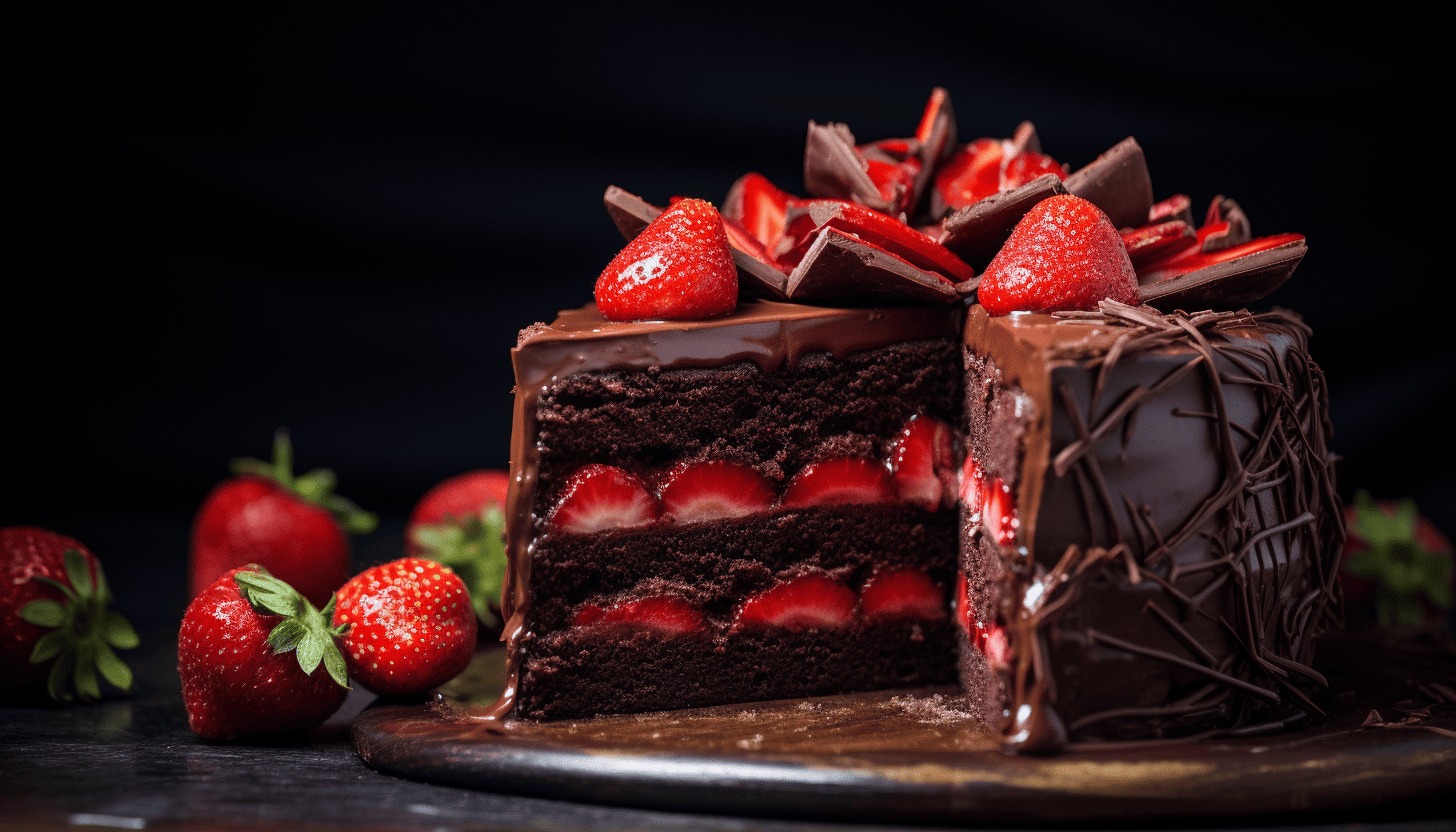 An intricately crafted, 8k quality photo depicting the Strawberry Dark Chocolate Truffle Cake with vibrant hues. The cake should be fully frosted and garnished with fresh strawberries, with a slice taken out to reveal a cross-section of its rich dark chocolate and strawberry interior. Shot with Leica M6 TTL, Leica 75mm 2.0 Summicron-M ASPH, Cinestill 800T.