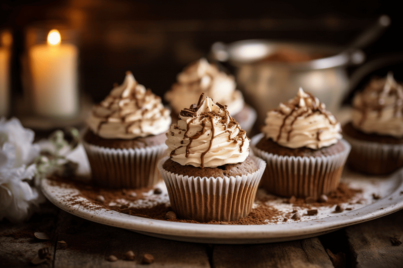 A batch of freshly baked Tiramisu Cupcakes, topped with a dollop of mascarpone cream and dusted with cocoa powder, set against a rustic kitchen backdrop. Handcrafted, intricately presented, 8K quality, taken with Leica M6 TTL.