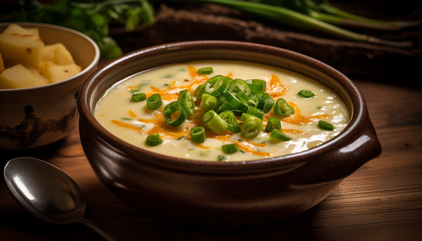 Warm, creamy and rich crockpot potato soup, served in a rustic bowl garnished with shredded cheese and chopped green onions, giving off steam, shot with Leica M6 TTL, Leica 75mm 2.0 Summicron-M ASPH, Cinestill 800T