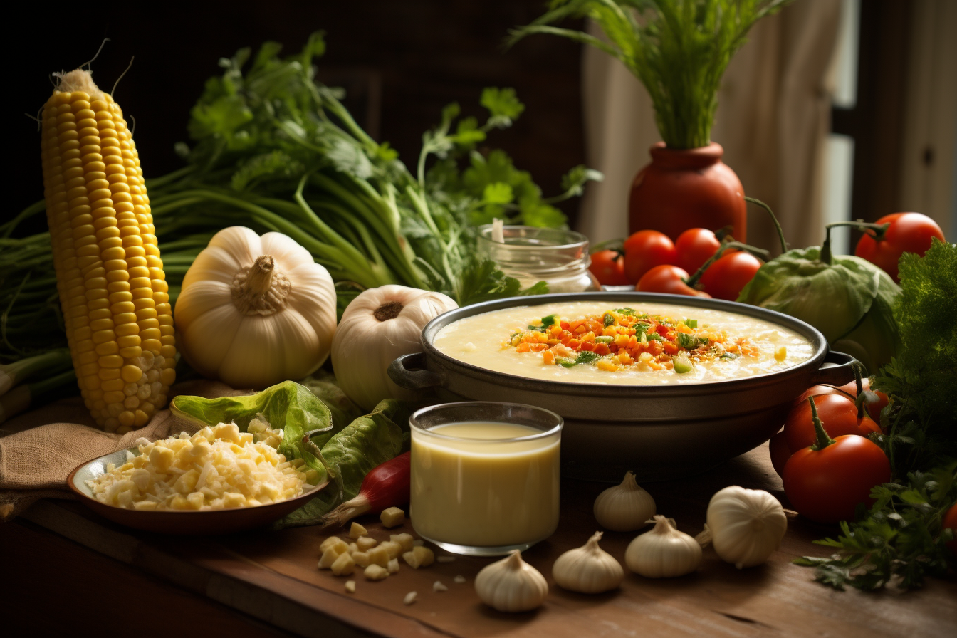 A picturesque arrangement of fresh and vibrant ingredients required for a homemade creamy corn soup: fresh corn, diced onion, minced garlic, rich chicken stock, and heavy cream, all rendered in 8k quality, shot with Leica M6 TTL, Leica 75mm 2.0 Summicron-M ASPH, Cinestill 800T.