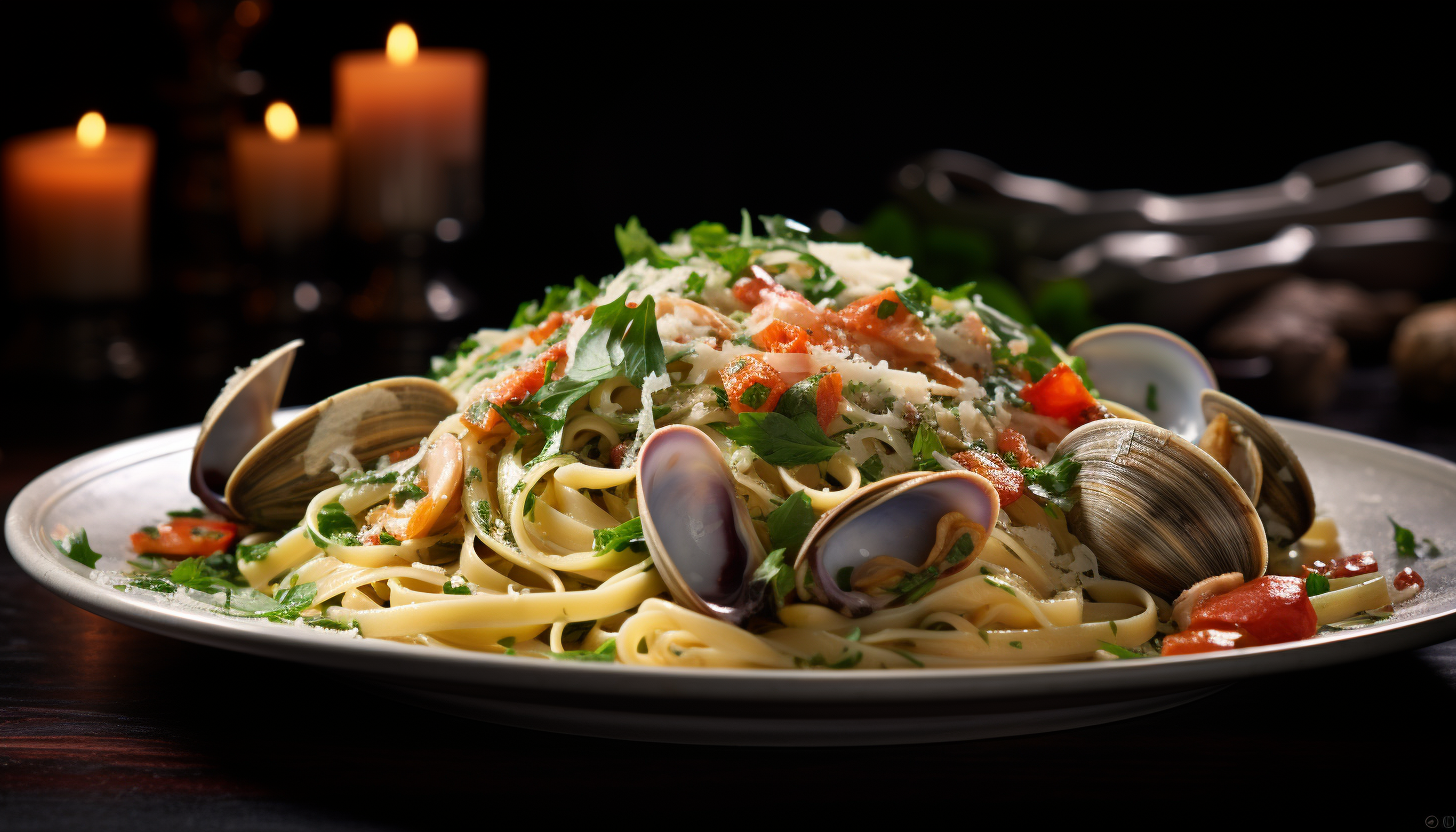 Picture of Linguine with clams on a plate, showing the beautifully cooked, succulent clams and the perfectly al dente linguine. The picture should capture the vibrant colors of the dish and the exquisite appeal of the garnished parsley. The picture has been intricately crafted, 8k quality, shot with Leica M6 TTL, Leica 75mm 2.0 Summicron-M ASPH, Cinestill 800T.