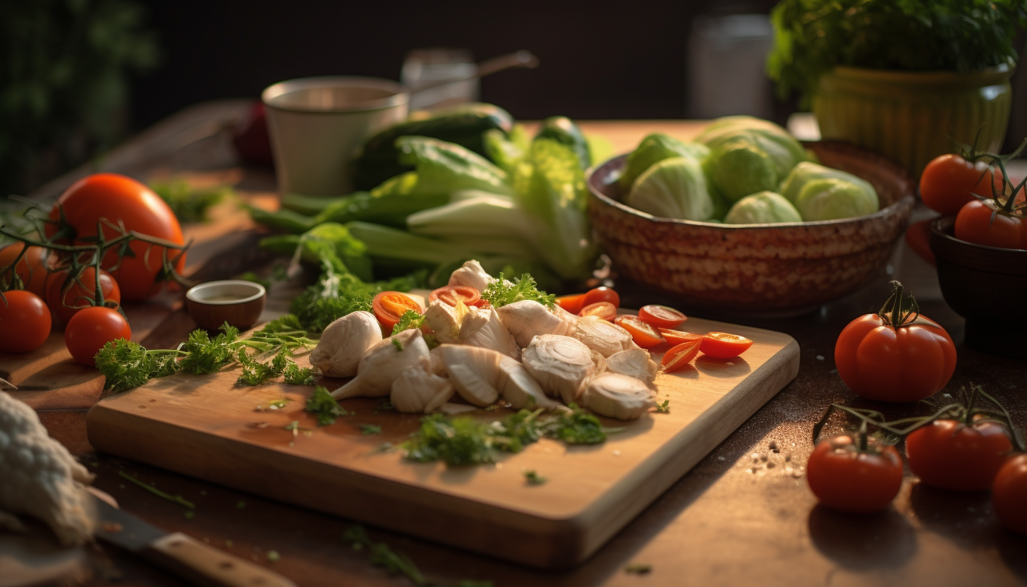 Detail of fresh vegetables and chicken prepped and ready on the chopping board for the soup, 8k quality, Leica M6 TTL, Leica 75mm 2.0 Summicron-M ASPH, Cinestill 800T