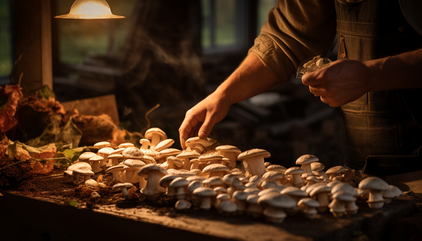 Hand picking fresh mushrooms, intricately crafted shot showing each detail, emphasizing on a rustic feel with soft light illuminating the mushrooms from one side, 8K quality, shot with Leica M6 TTL, Leica 75mm 2.0 Summicron-M ASPH, Cinestill 800T