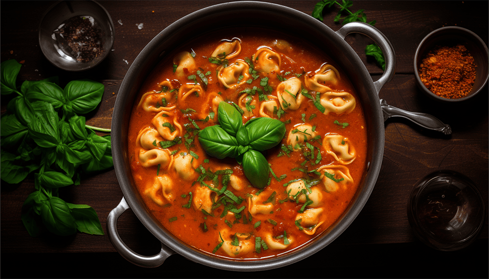 A pot filled with the sizzling tomato tortellini soup, top view, garnished with chopped basil and parmesan, 8K quality, shot with Leica M6 TTL.