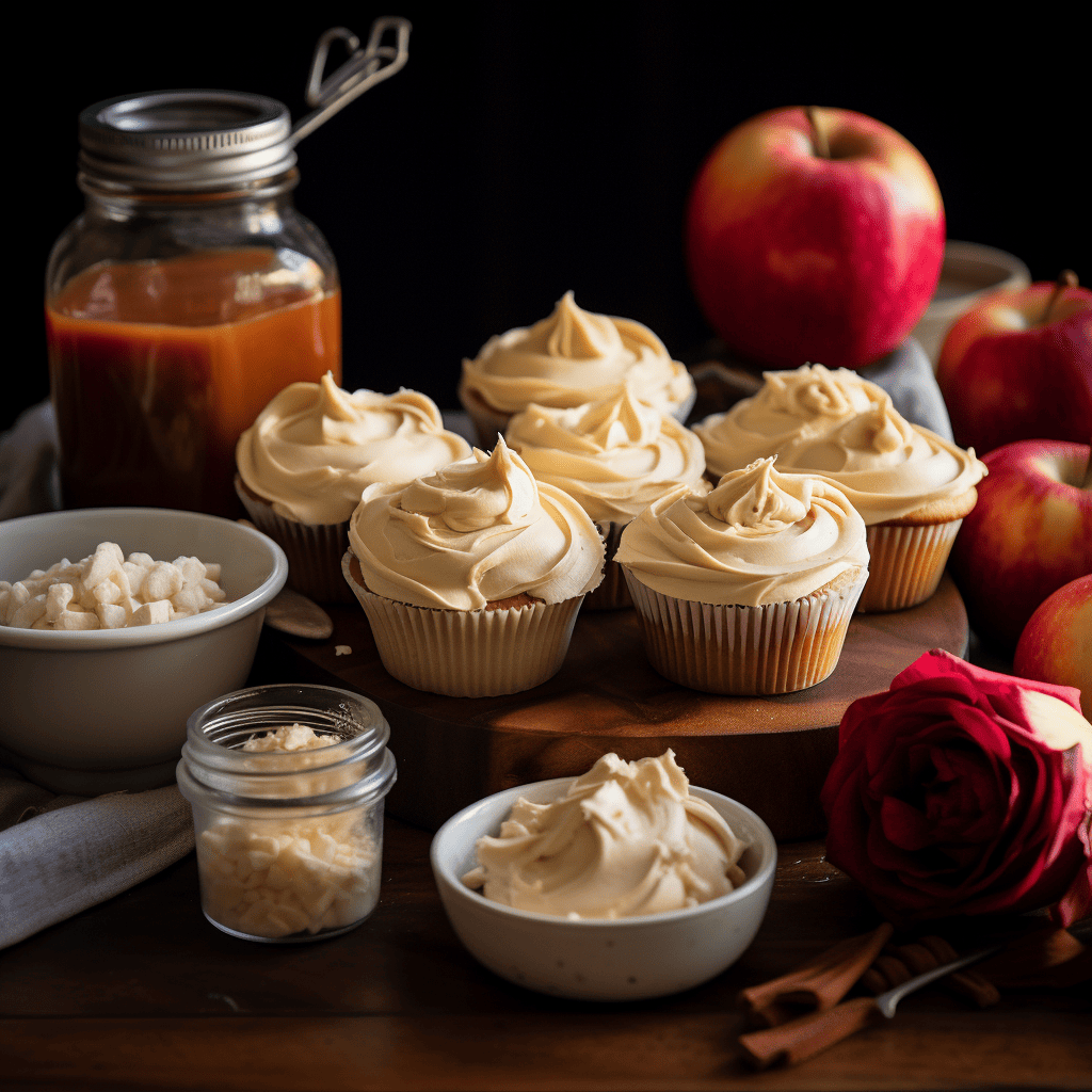 Ingredients for apple cupcakes and salted caramel frosting beautifully arranged on a wooden table, shot in 8k quality using Leica M6 TTL & Leica 75mm 2.0 Summicron-M ASPH