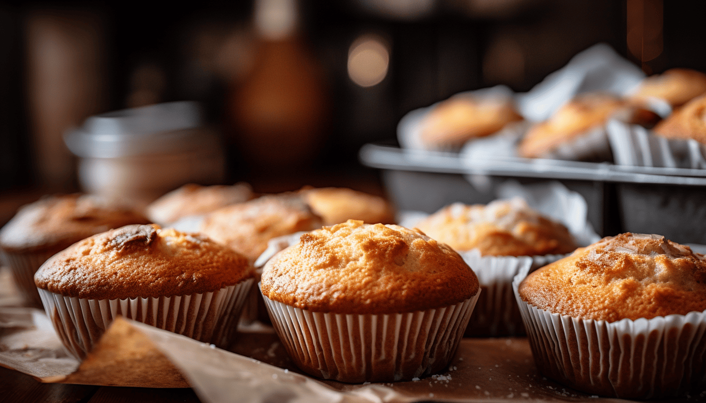 Close-up shot of freshly baked banana muffins nestled in their paper liners with a bit of steam wafting off the tops, intricately crafted, 8k quality, shot with Leica M6 TTL, Leica 75mm 2.0 Summicron-M ASPH, Cinestill 800T