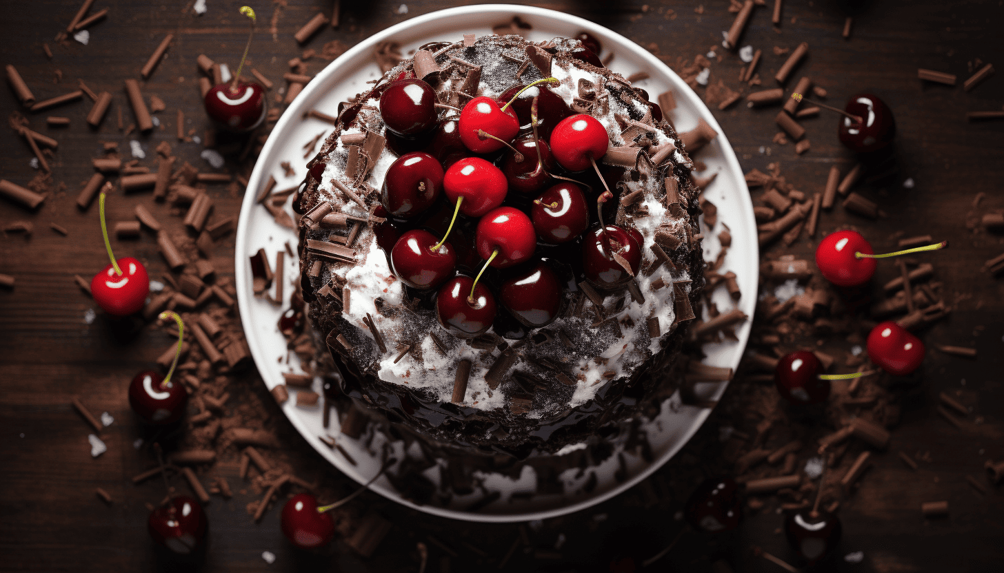 A well composed top view of Black Forest Cake, showcasing its decorative chocolate shavings and cherries on top arranged aesthetically, 8k quality, shot with Leica M6 TTL