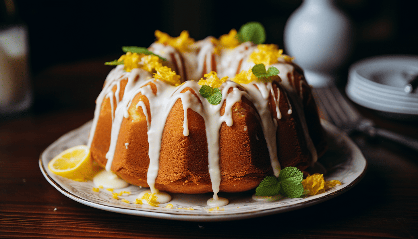 An intricately crafted, 8k quality, shot of a freshly baked Buttermilk Bundt Cake with a vibrant, tangy Lemon Glaze, taken with Leica M6 TTL, Leica 75mm 2.0 Summicron-M ASPH, Cinestill 800T