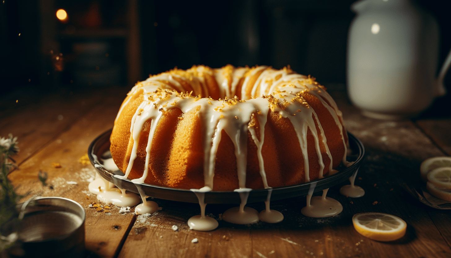 A delectably moist Buttermilk Bundt Cake with a golden-brown crust sitting on a rustic wooden table, drizzled with a freshly prepared Lemon Glaze, rendered in 8K, adding an element of fog for a moody vibe, shot with GoPro