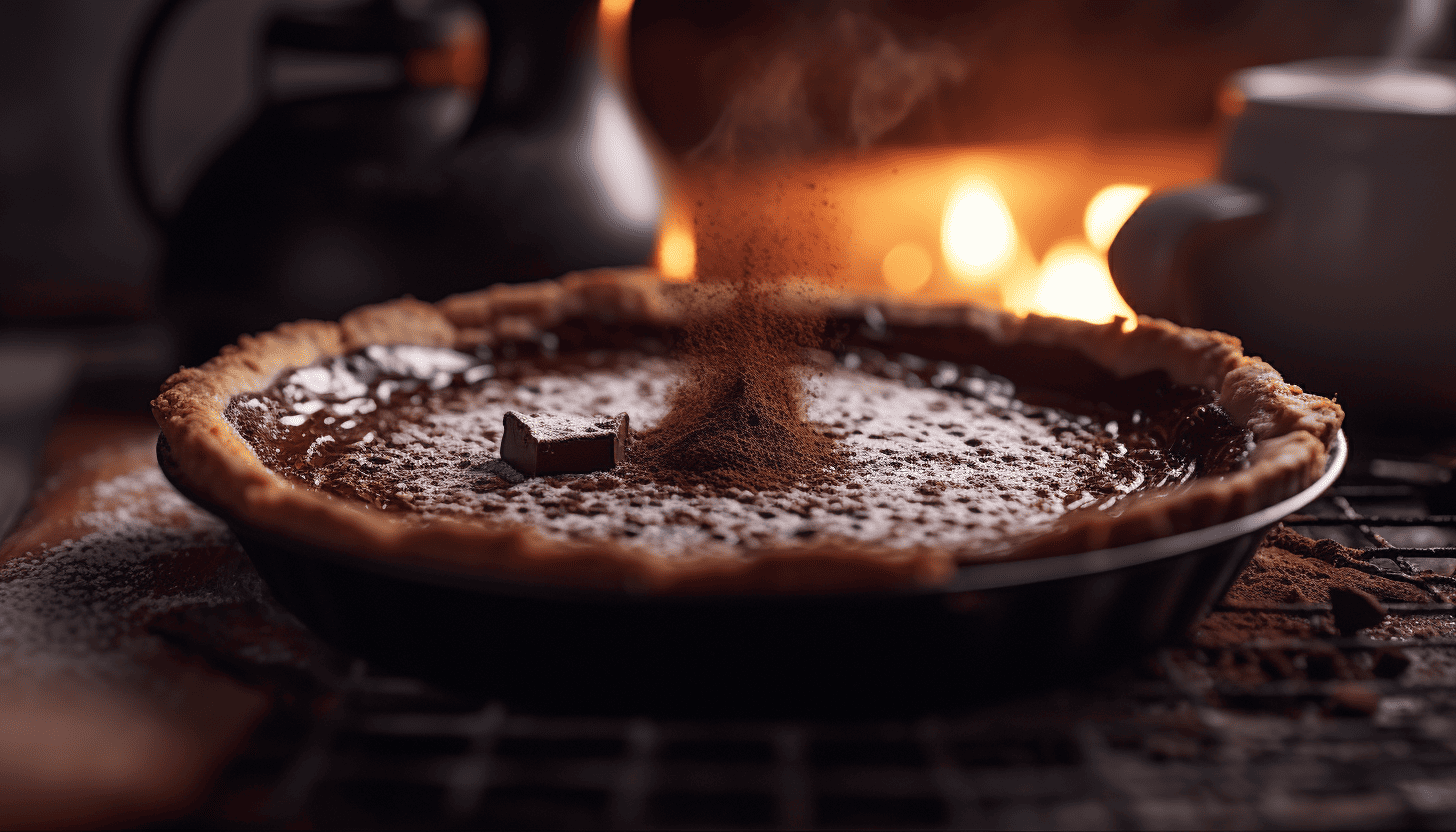 An aesthetically appealing view of Chocolate Chess Pie with a rich, chocolatey filling and a soft pie crust, rendered in 8K, adding an element of fog for a moody vibe, shot with GoPro.