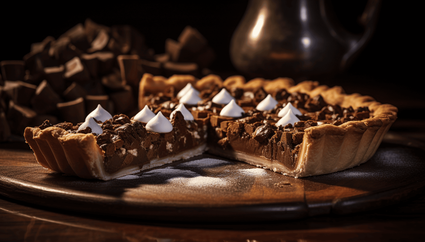 An intricately crafted Chocolate Chess Pie, 8k quality, shot with Leica M6 TTL, Leica 75mm 2.0 Summicron-M ASPH, Cinestill 800T