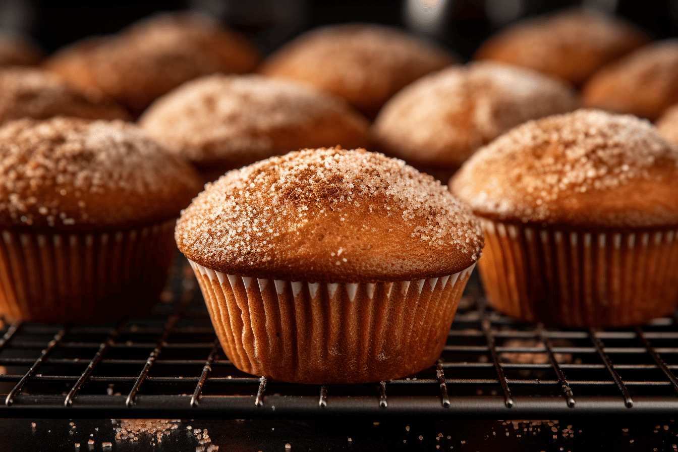 Delicious, freshly baked cinnamon muffins placed on a cooling rack. The muffins have a golden-brown crust, with visible sugar crystals and a hint of cinnamon dusting at the top. The shot is taken from an eye-level angle against a neutral background. Rendered in 8K, intricately crafted, shot with Leica M6 TTL & Leica 75mm 2.0 Summicron-M ASPH, Cinestill 800T