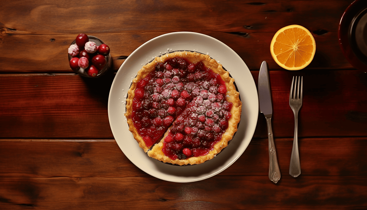 Citrus Cranberry Pie beautifully plated with a silver fork and napkin on a rustic wood table, shot in 8k quality with GoPro