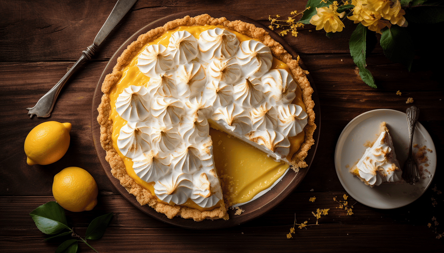 A stunning overhead shot of a Classic Lemon Meringue Pie with a slice cut out, served on a rustic wooden table, enhancing the pie's vibrant yellow filling and its golden brown meringue topping, intricately crafted, 8k quality, shot with Leica M6 TTL & Leica 75mm 2.0 Summicron-M ASPH, Cinestill 800T.