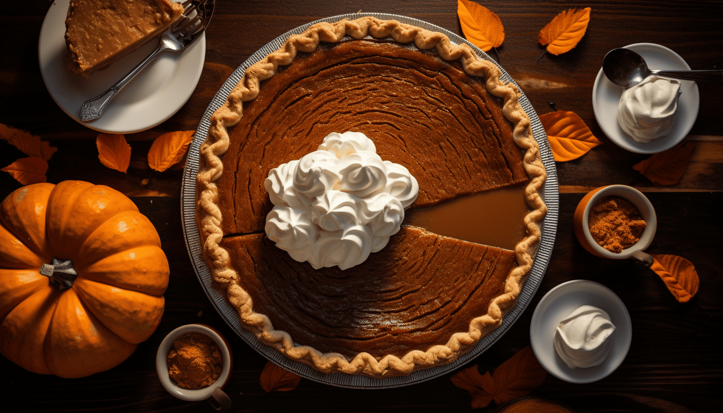 Attractive overhead shot of the Classic Pumpkin Pie served with a dollop of cream, aside a thanksgiving feast. Shot with a Leica M6 TTL, Leica 75mm 2.0 Summicron-M ASPH, Cinestill 800T and rendered in 8K for that mouth-watering detail.