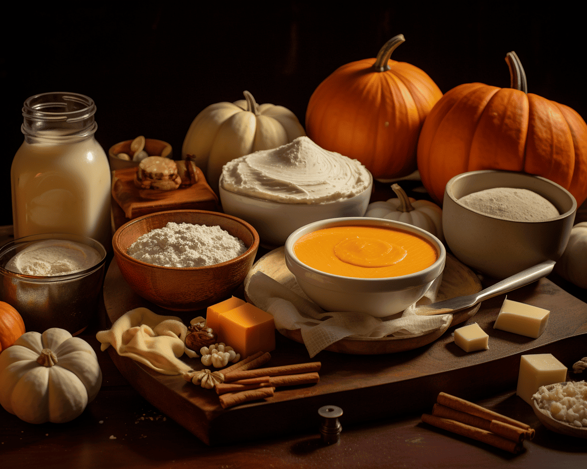 Close-up shot of the ingredients needed for the Classic Pumpkin Pie, demonstrating their quality and readiness. Shot using Leica M6 TTL, Leica 75mm 2.0 Summicron-M ASPH, Cinestill 800T and rendered in 8K for high detail.