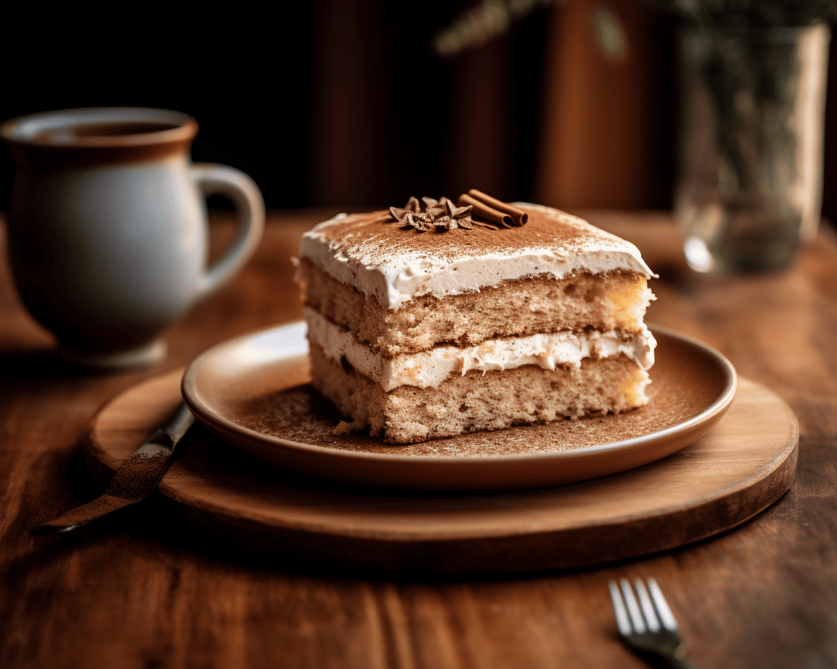 Shot of a freshly baked, perfectly browned coffee tres leches cake on an intricately crafted wooden table. Visible is the moist, velvety coffee-infused sponge, overlaid with a luscious creamy layer. The image is captured in a cozy home-setting with a warm, welcoming vibe. Shot in 8k quality with Leica M6 TTL, Leica 75mm 2.0 Summicron-M ASPH, Cinestill 800T.