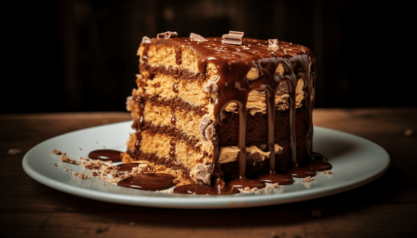 The delicious final product of the Crunchy Milk Chocolate-Peanut Butter Layer Cake, with details highlighting the glossy milk chocolate and crumbs of peanut butter, created with sophisticated techniques and shot with Leica M6 TTL, Leica 75mm 2.0 Summicron-M ASPH, Cinestill 800T.