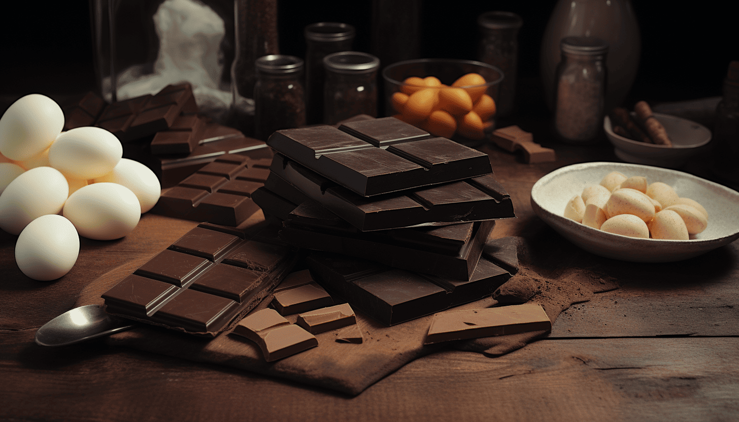 Dark chocolate bars, eggs, sugar, butter, and vanilla extract orderly arranged on a wooden table, ready for baking, shot in 8k quality