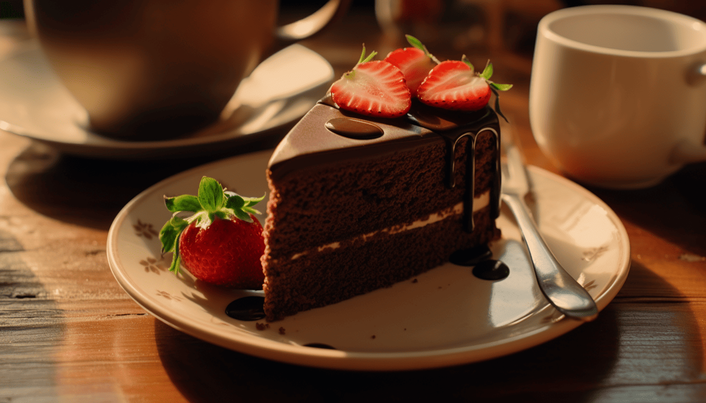 A tantalizing, delicious slice of chocolate cake on a white plate, garnished with freshly harvested strawberries alongside a fresh cup of coffee, intricately crafted, lit beautifully shot in 8K with Leica M6 TTL