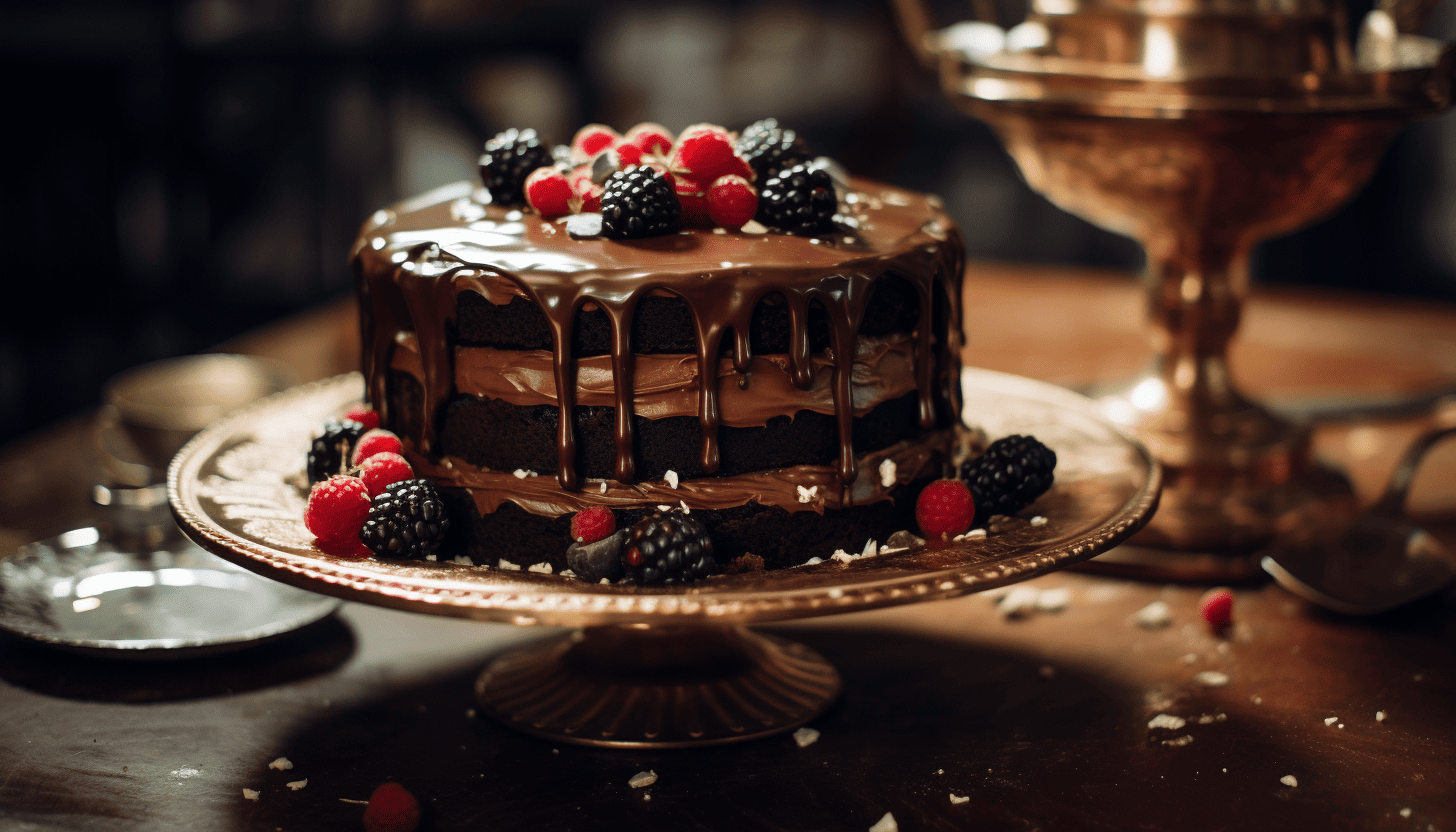 A beautifully decorated Chocolate Cake on a cake stand, intricately crafted, up close in 8k quality, shot with Leica M6 TTL, Leica 75mm 2.0 Summicron-M ASPH, Cinestill 800T