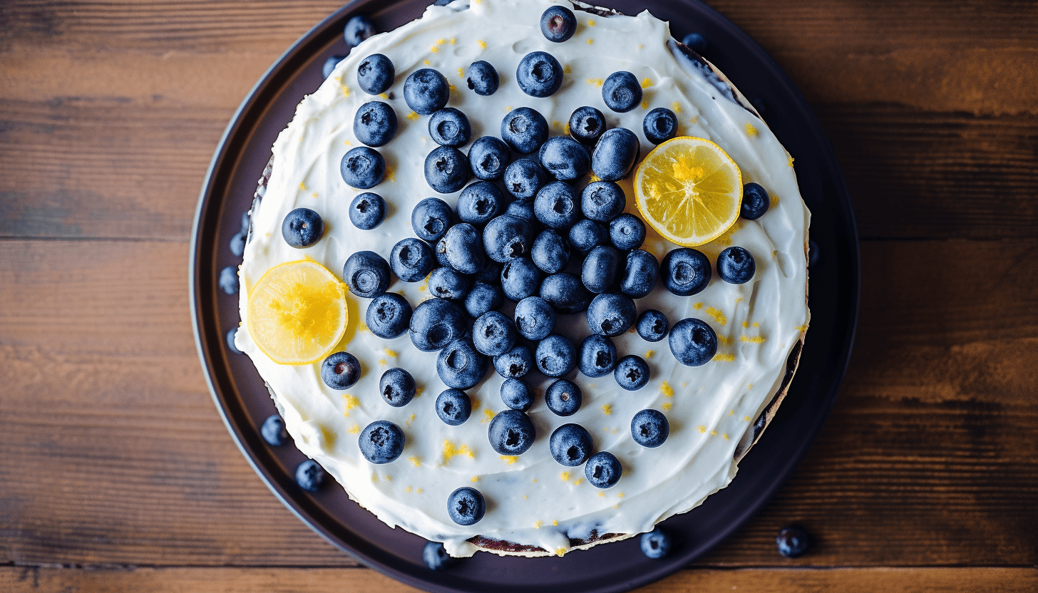 Top view of the entire Blueberry Cake with Lemon Frosting on a rustic table or Cake stand, showcasing the glossy frost and blueberry-speckled cake, atmosphere is a happy occasion or celebration