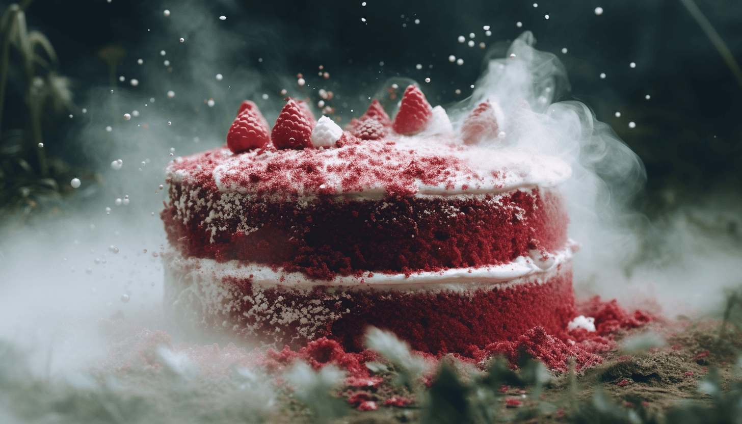 A delectable multi-layered red velvet cake topped with a lush cream cheese frosting and a sprinkle of crumbs for the finishing touch, rendered in 8K, adding an element of fog for a moody vibe, shot with GoPro