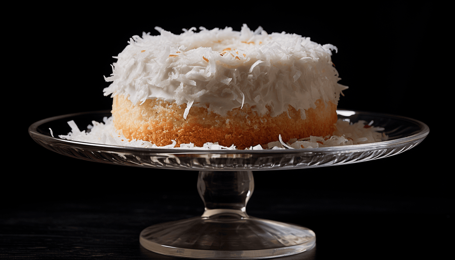 Dainty coconut cake on a transparent glass cake stand, intricately crafted, 8k quality, shot with Leica M6 TTL, Leica 75mm 2.0 Summicron-M ASPH, Cinestill 800T