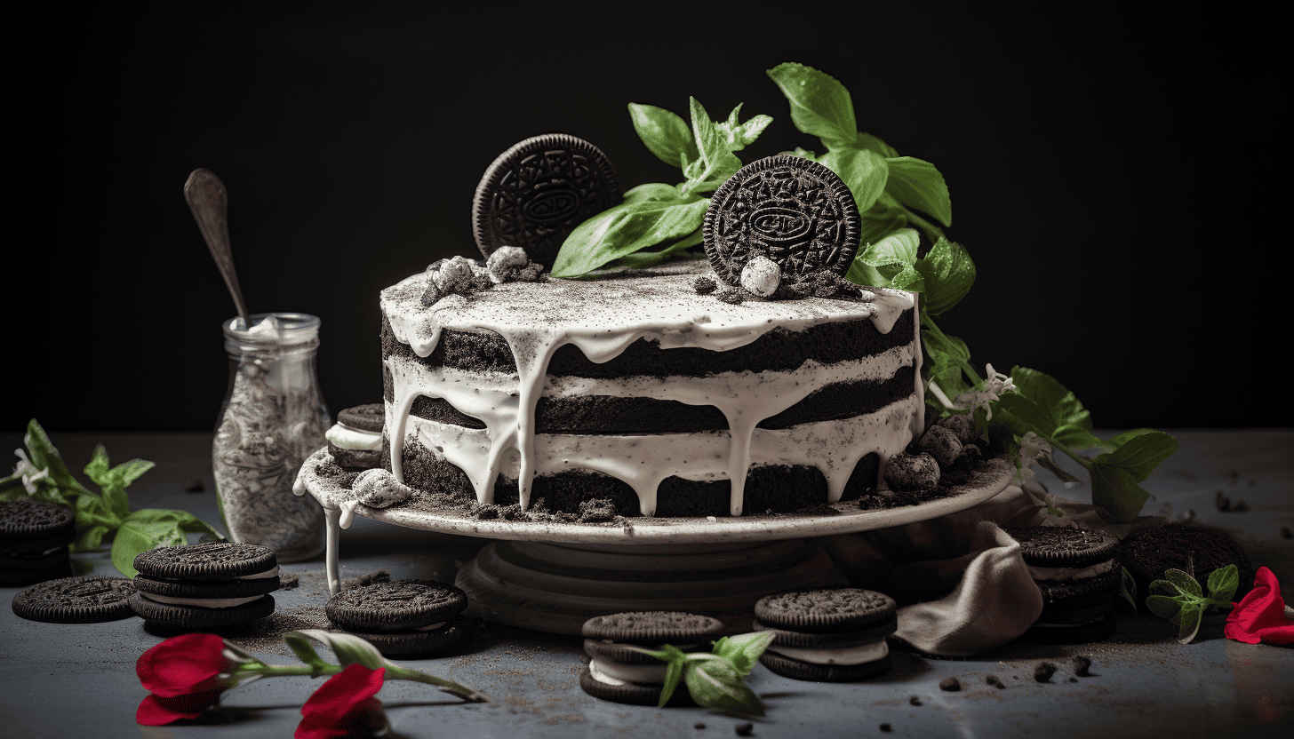 An intricately crafted and mouthwatering Oreo Cake (Cookies and Cream Cake), rendered in 8K, shot with Leica M6 TTL, Leica 75mm 2.0 Summicron-M ASPH, Cinestill 800T