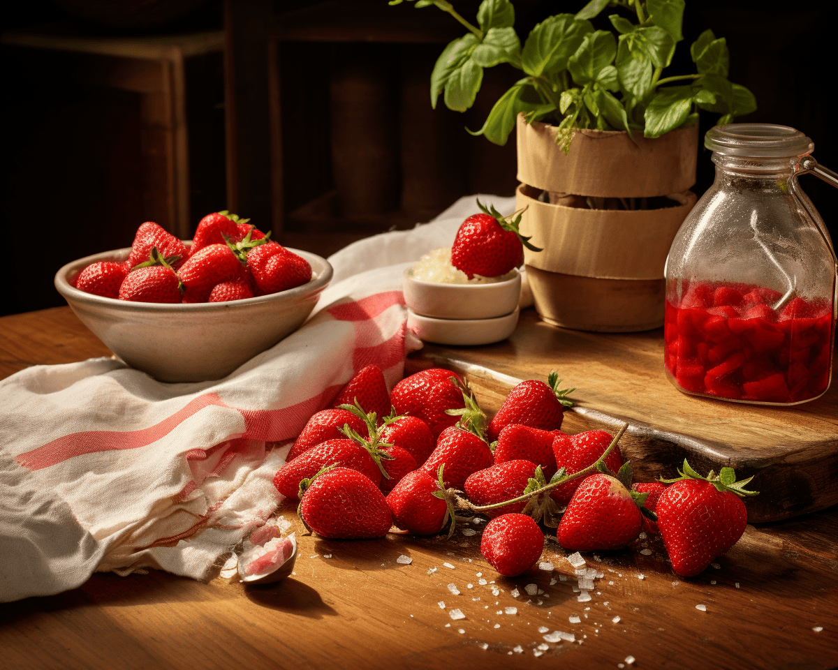 Perfectly folded ingredients mixture on a wooden table, accompanied by vibrant, fresh strawberries, intricately crafted, 8k quality shot with Leica M6 TTL, Leica 75mm 2.0 Summicron-M ASPH, Cinestill 800T.