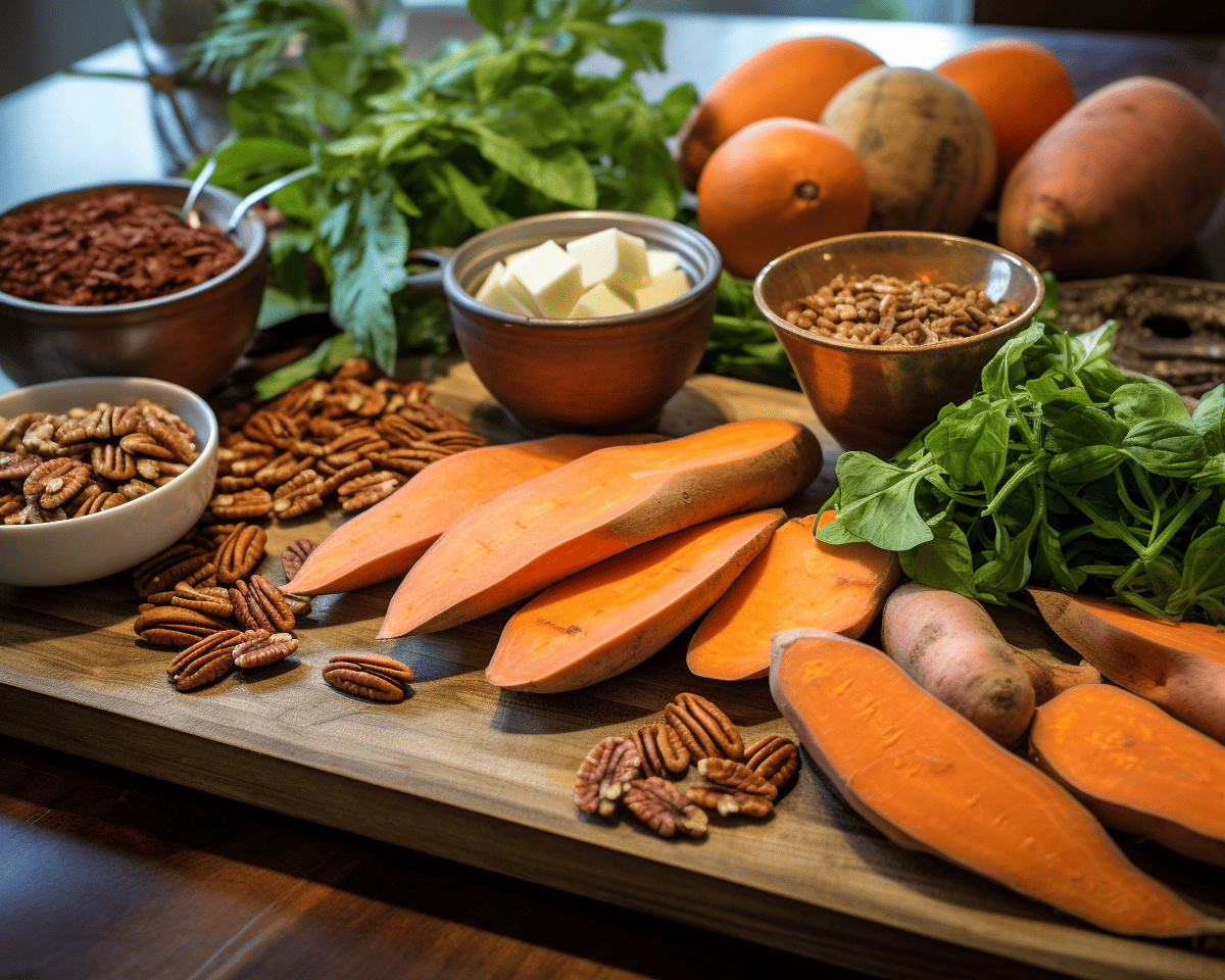 Intricately crafted image showcasing the listed ingredients neatly arranged, with the vibrant sweet potatoes and pecans taking the center stage, 8k quality, shot with Leica M6 TTL, Leica 75mm 2.0 Summicron-M ASPH, Cinestill 800T