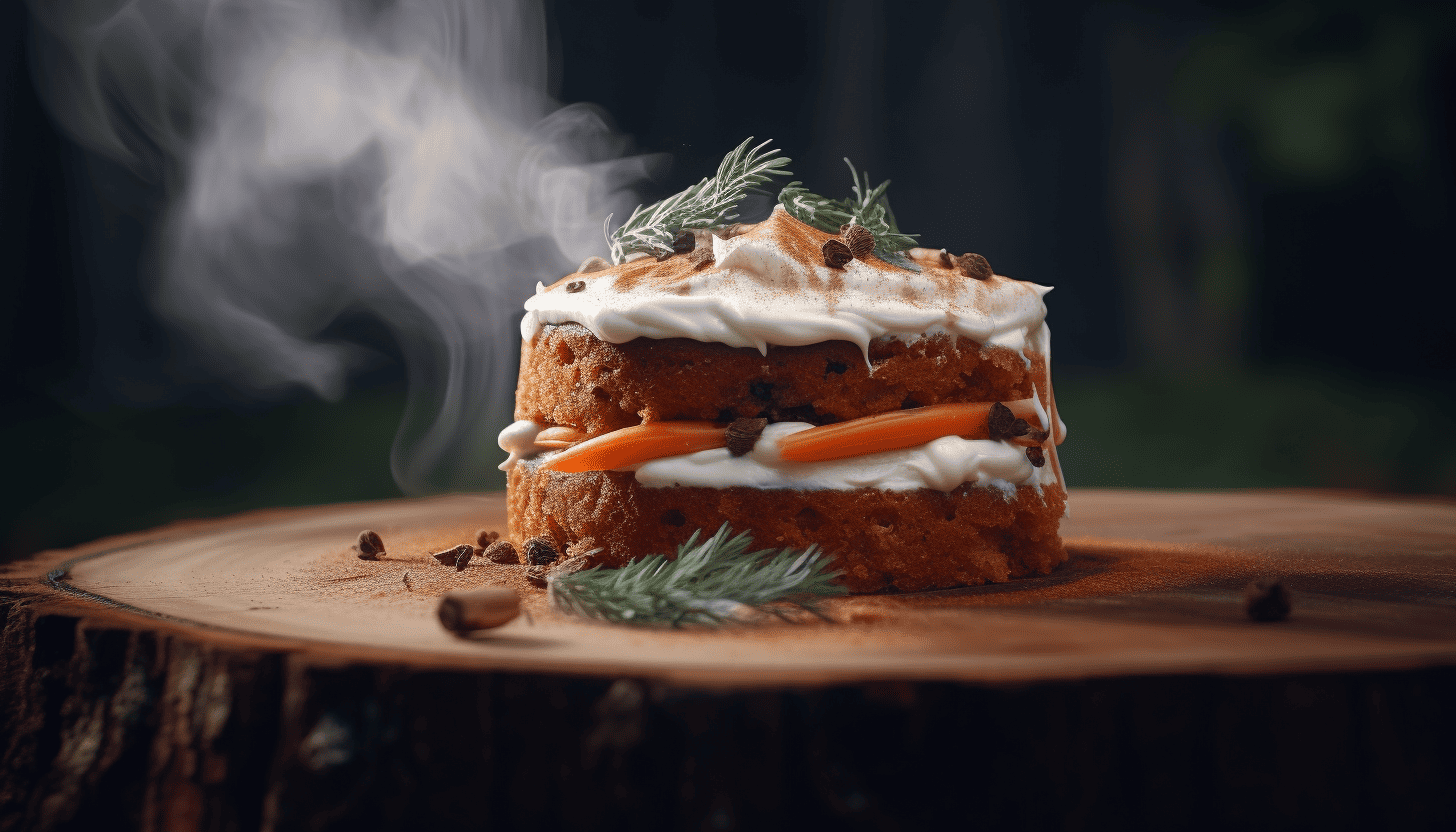 A beautifully presented carrot cake on a wooden background, with a thick layer of cream cheese frosting and a dusting of ground cinnamon on top, rendered in 8K adding an element of fog for a moody vibe, shot with GoPro.