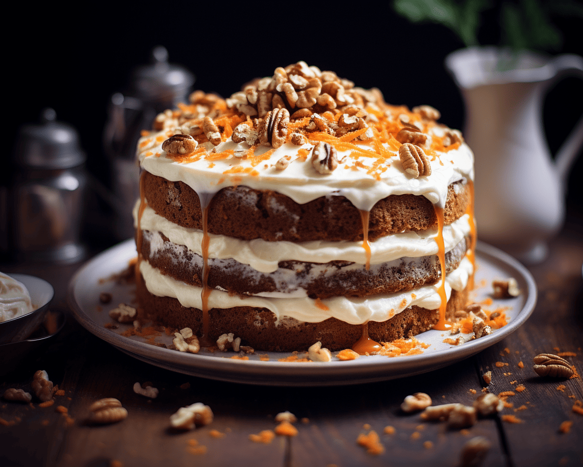 A rustic carrot cake topped with creamy frosting and a sprinkle of nuts, taken at a side angle, emphasizing the moist texture of the cake. Intricately crafted shot with Leica M6 TTL, Leica 75mm 2.0 Summicron-M ASPH, Cinestill 800T