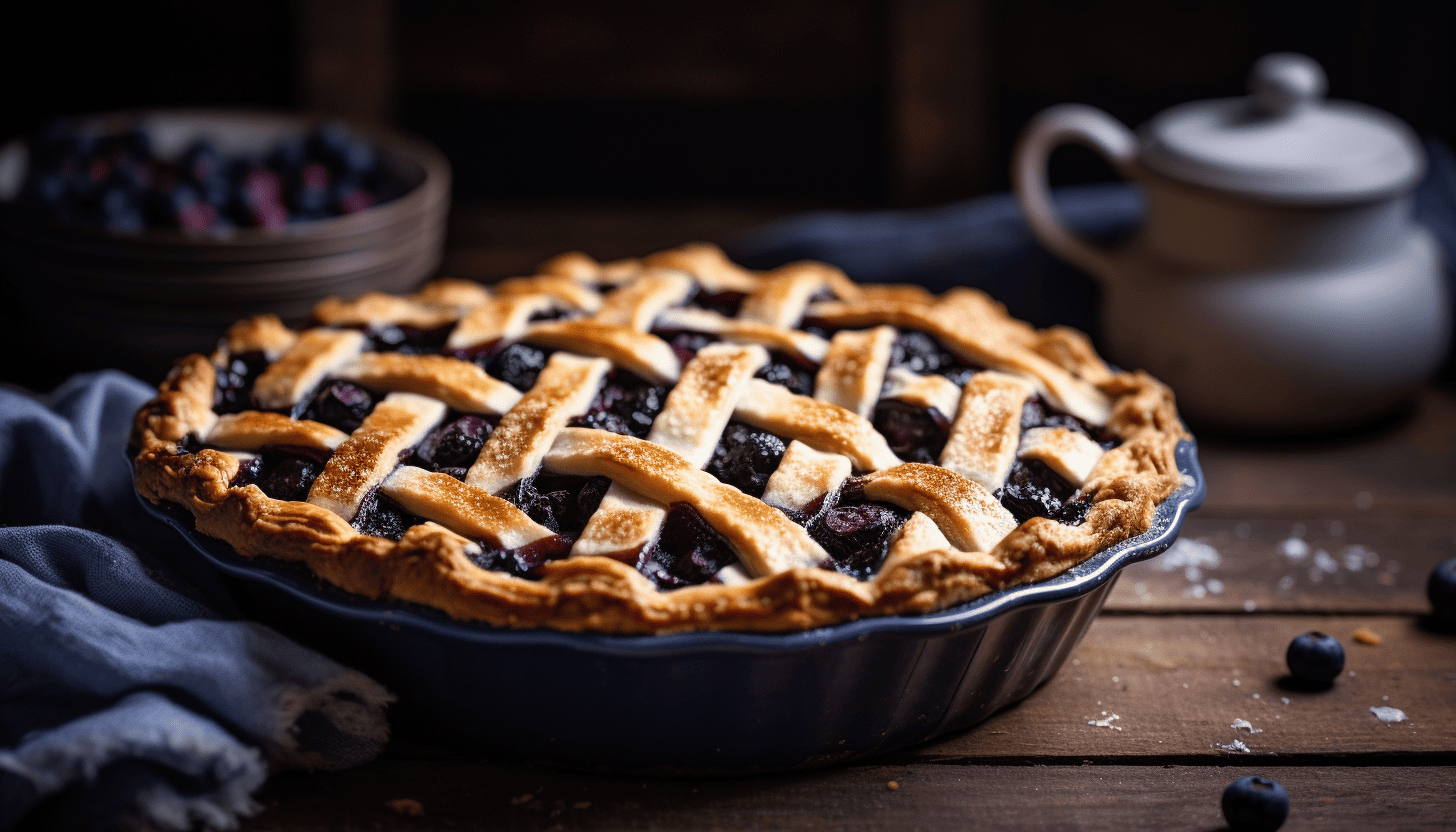 Baked blueberry pie with golden brown lattice crust, highlighted by natural light, on a rustic wooden table. High quality 8K image shot with Leica M6 TTL, Leica 75mm 2.0 Summicron-M ASPH, Cinestill 800T.