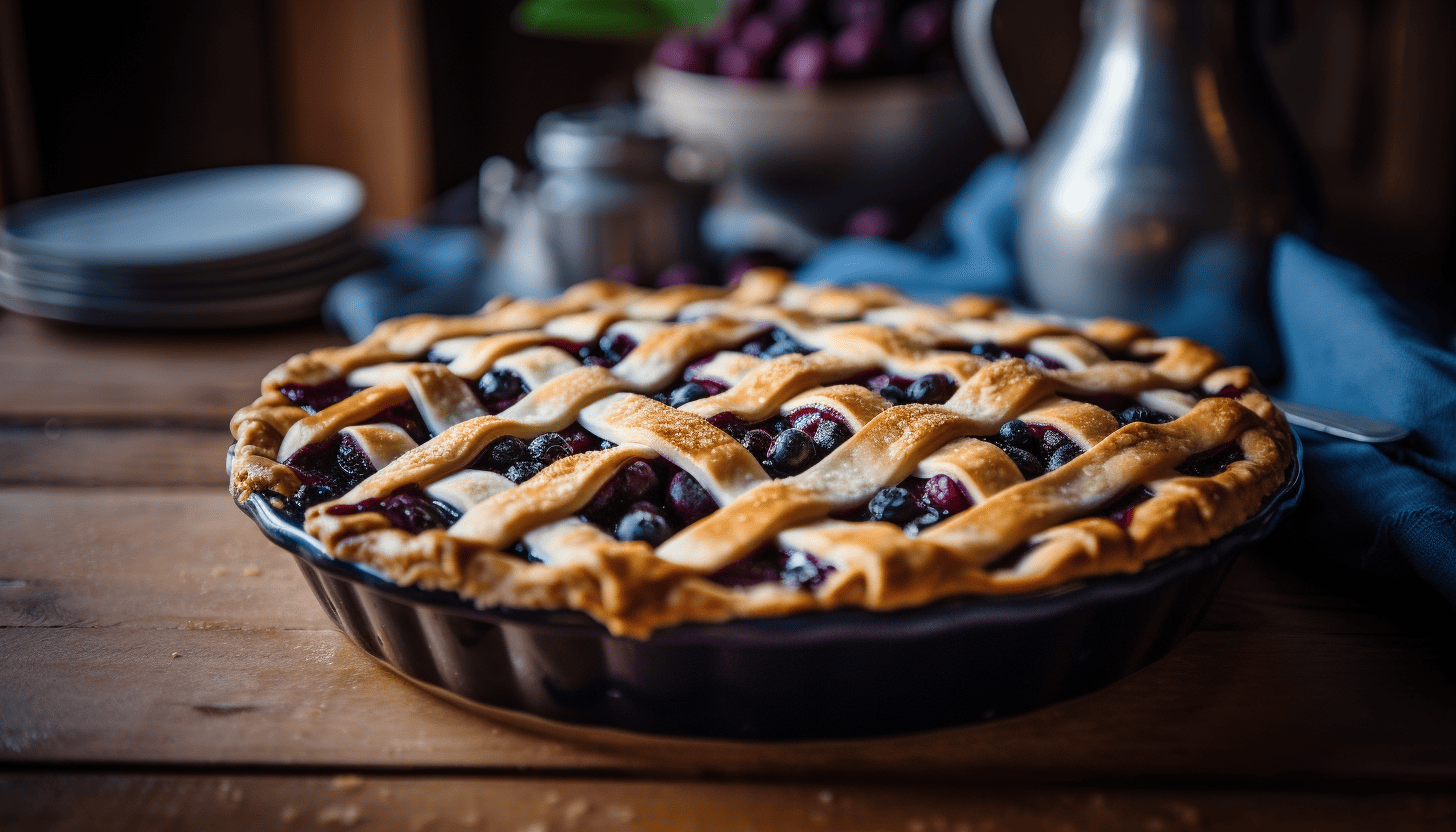 Intricately crafted blueberry pie with a golden brown lattice crust, fresh out of the oven, 8k quality image, shot with Leica M6 TTL and Leica 75mm 2.0 Summicron-M ASPH, Cinestill 800T.