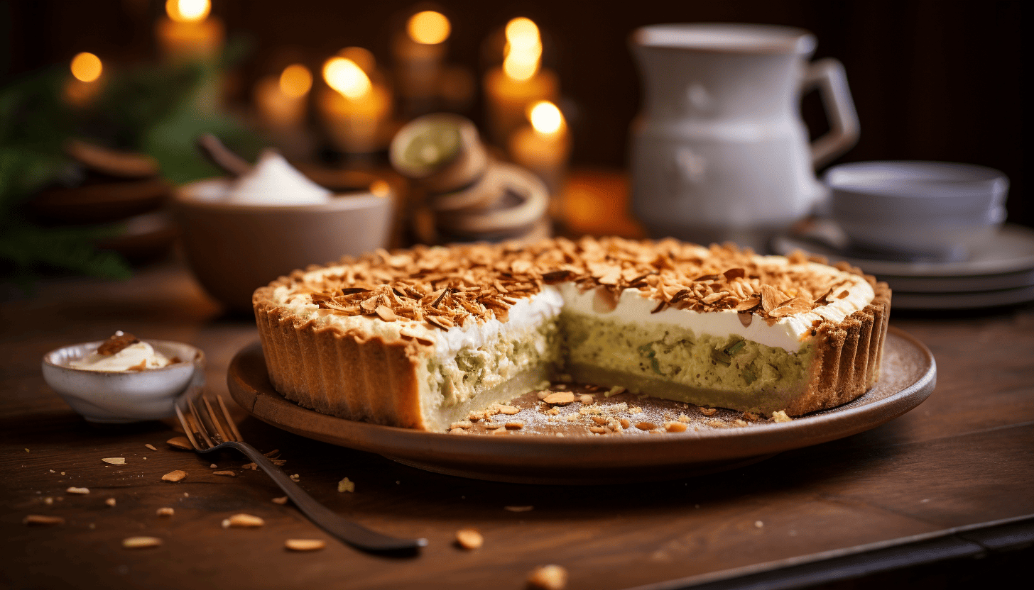 A delicious and perfectly executed Coconut Pistachio Pie perched on a rustic wooden table, in a cosy homely setting. The pie is presented in the centre of the frame, with elements of warm interior design in the backdrop, rendered in 8K quality, shot with Leica M6 TTL, Leica 75mm 2.0 Summicron-M ASPH, Cinestill 800T