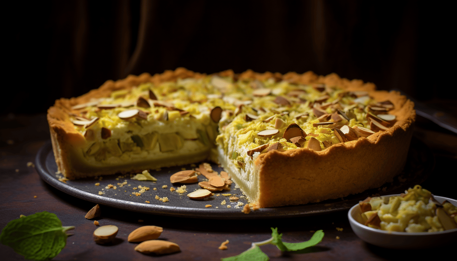 An attractively garnished Coconut Pistachio Pie, intricately crafted. Warm and decadent under soft, diffused lighting, in 8k quality, shot with Leica M6 TTL, Leica 75mm 2.0 Summicron-M ASPH, Cinestill 800T. The pie has a beautifully baked golden crust, encasing a luscious, vibrant green pistachio and creamy white coconut filling. The top of the pie is generously sprinkled with shredded coconut and ground pistachios, set on an artisanal ceramic plate.