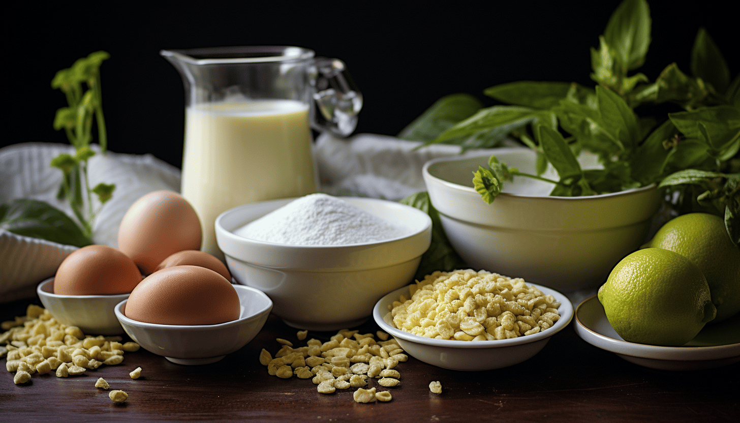 Close up of the ingredients needed for the Key Lime Cupcakes, flour, butter, eggs, key lime, buttermilk, white chocolate, and pistachios - 8K photography, shot with Leica M6 TTL & Leica 75mm 2.0 Summicron-M ASPH, Cinestill 800T