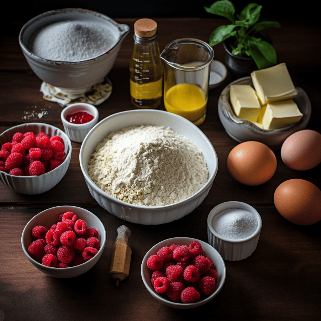 Overview of ingredients for Lemon-Raspberry Streusel Muffins, displayed neatly with ideal lighting, 8k quality, shot with Leica M6 TTL, Leica 75mm 2.0 Summicron-M ASPH, Cinestill 800T