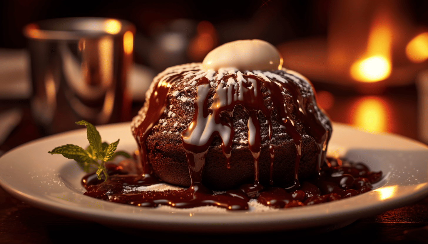 "A table set with the Molten Chocolate Lava Cake served right out from the oven, steam still rising, with a side of vanilla ice cream, under warm lighting enhancing the chocolatey glow. The image captured in 8K, adding hints of warm glow and a soft focus effect."