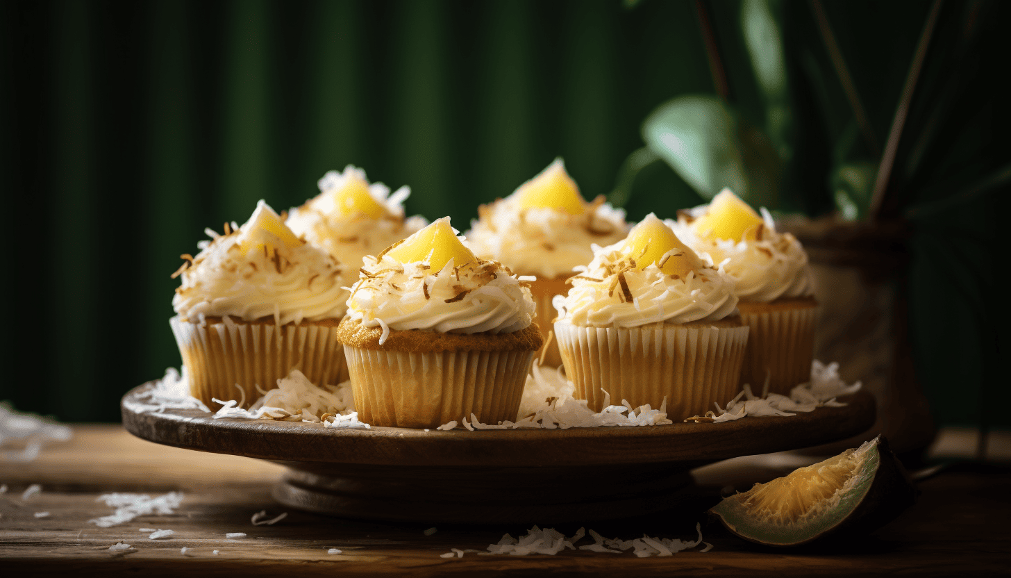 A beautifully presented, intricately crafted passionfruit coconut cupcakes on a rustic wooden table, 8k quality photograph taken with Leica M6 TTL & Leica 75mm 2.0 Summicron-M ASPH, Cinestill 800T